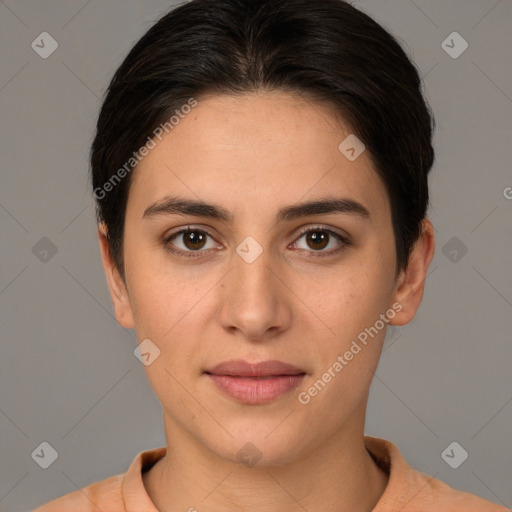 Joyful white young-adult female with short  brown hair and brown eyes