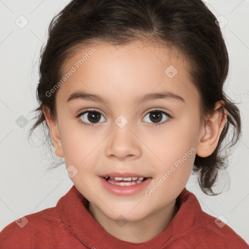 Joyful white child female with medium  brown hair and brown eyes