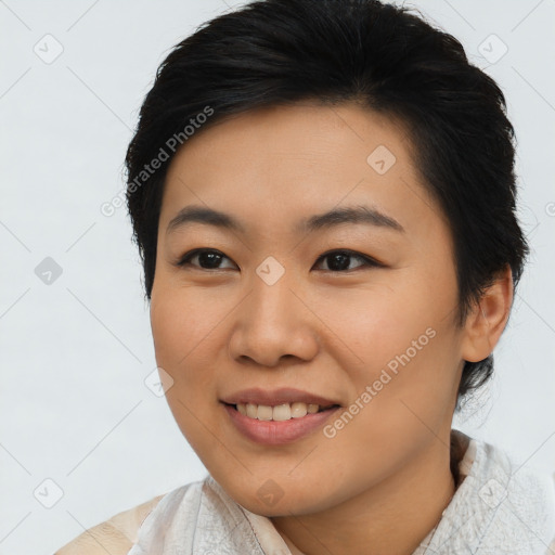 Joyful asian young-adult female with medium  brown hair and brown eyes