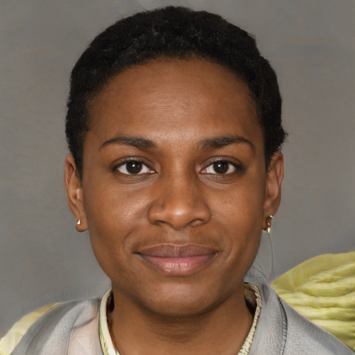 Joyful black young-adult female with short  black hair and brown eyes