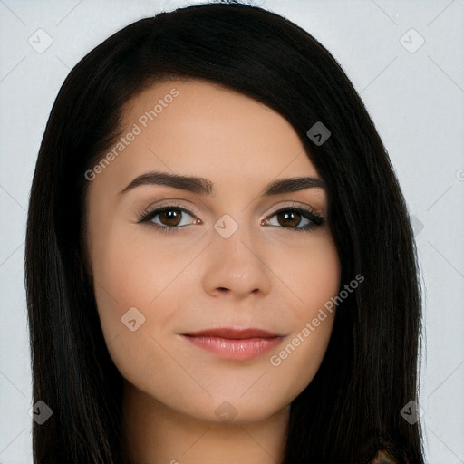 Joyful white young-adult female with long  black hair and brown eyes