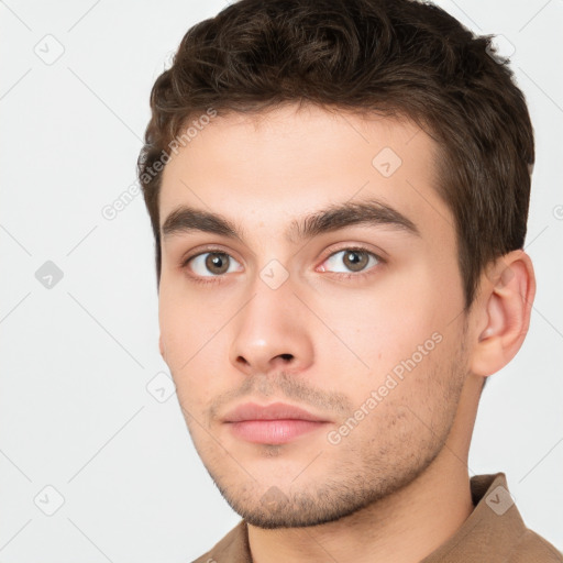 Neutral white young-adult male with short  brown hair and brown eyes