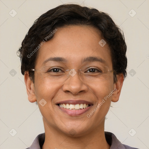 Joyful white adult female with short  brown hair and brown eyes