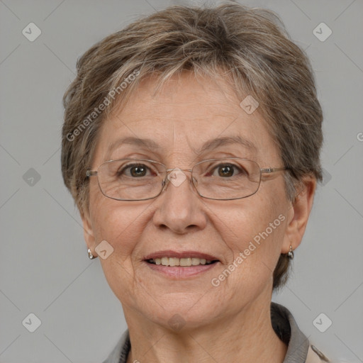 Joyful white middle-aged female with short  brown hair and grey eyes