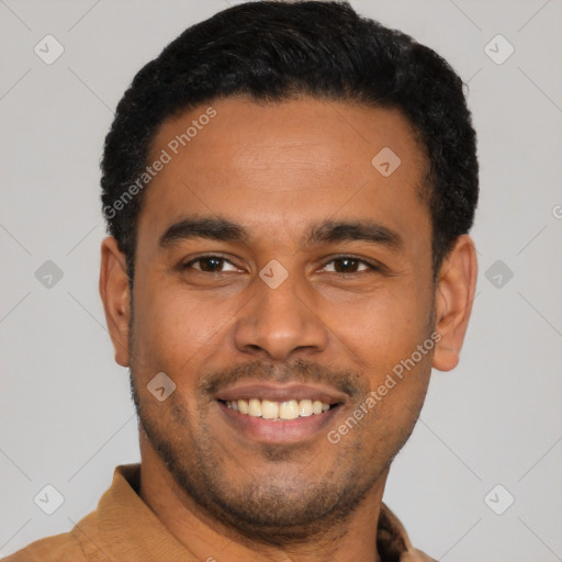 Joyful latino young-adult male with short  black hair and brown eyes