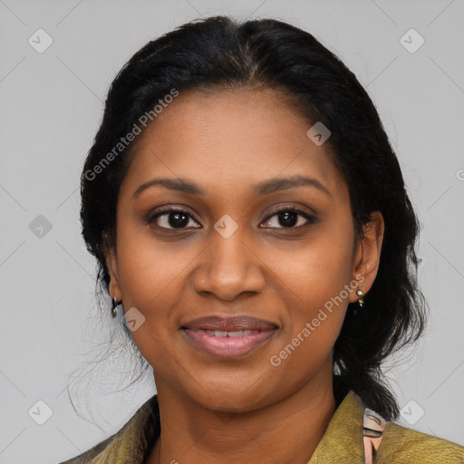 Joyful black young-adult female with medium  black hair and brown eyes