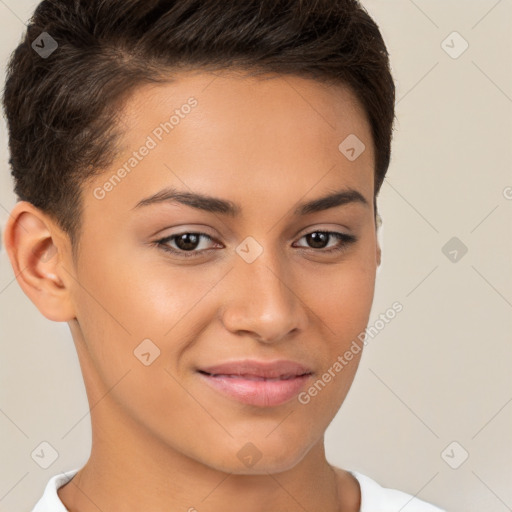 Joyful white young-adult female with short  brown hair and brown eyes