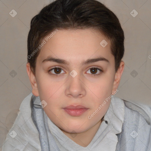 Neutral white young-adult female with short  brown hair and brown eyes