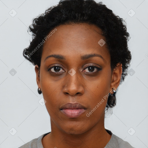 Neutral black young-adult female with short  black hair and brown eyes