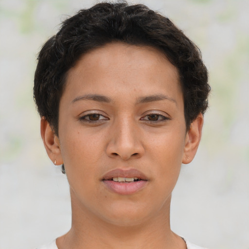 Joyful asian young-adult female with short  brown hair and brown eyes