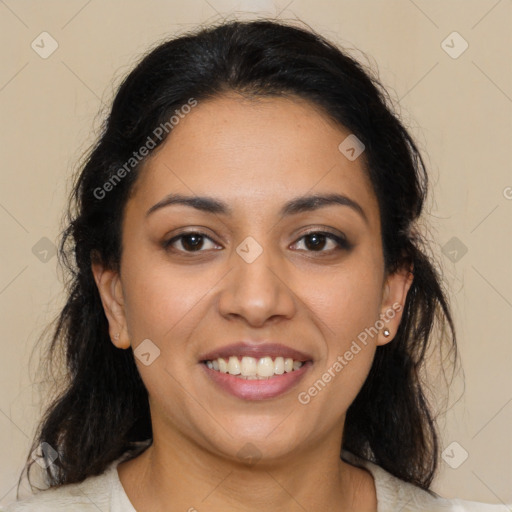 Joyful latino young-adult female with medium  brown hair and brown eyes