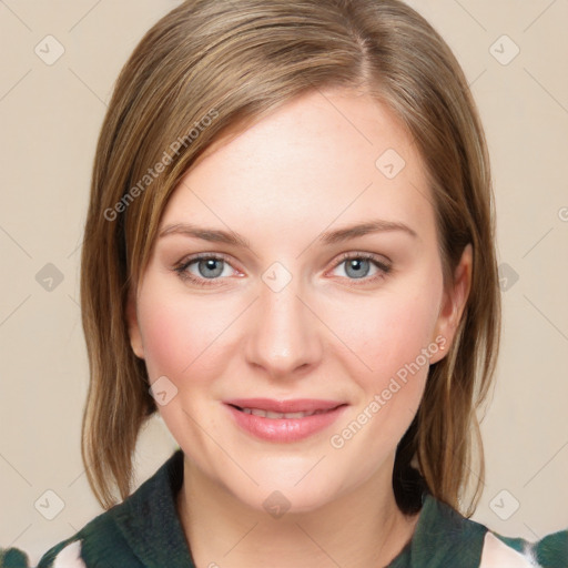 Joyful white young-adult female with medium  brown hair and green eyes