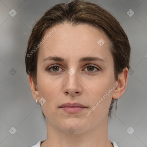 Neutral white young-adult female with medium  brown hair and brown eyes