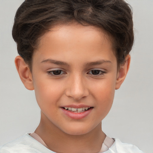 Joyful white child female with short  brown hair and brown eyes