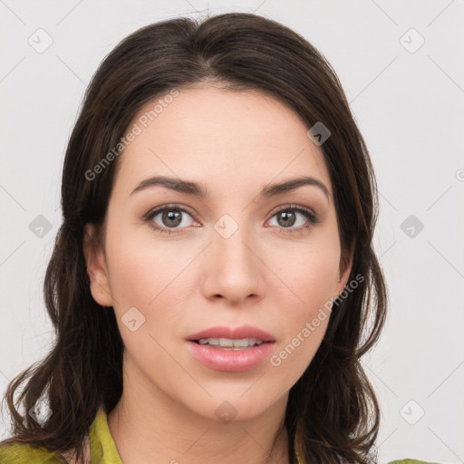 Neutral white young-adult female with medium  brown hair and brown eyes