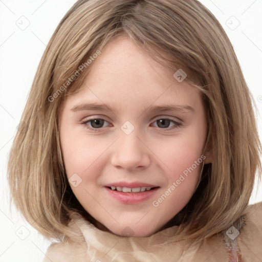 Joyful white child female with medium  brown hair and brown eyes