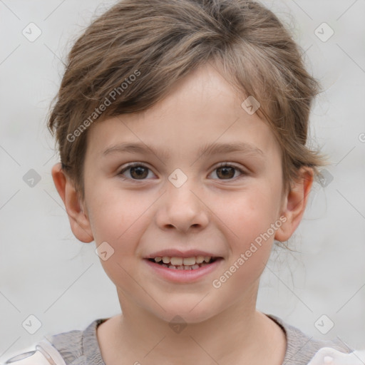 Joyful white child female with short  brown hair and brown eyes