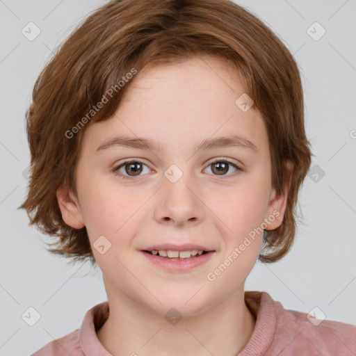 Joyful white child female with medium  brown hair and brown eyes