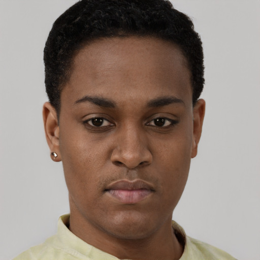 Neutral black young-adult female with short  brown hair and brown eyes