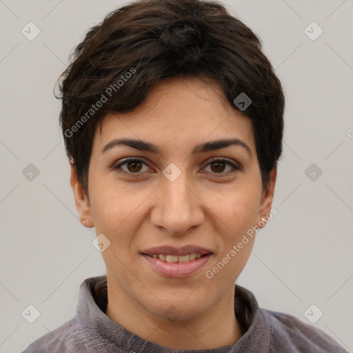 Joyful white young-adult female with short  brown hair and brown eyes