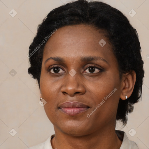 Joyful black adult female with short  brown hair and brown eyes