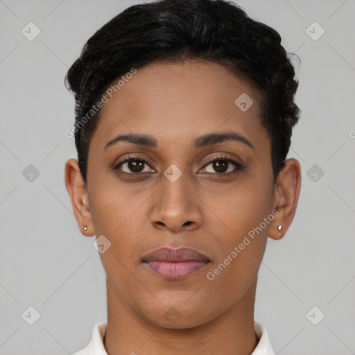 Joyful latino young-adult female with short  black hair and brown eyes