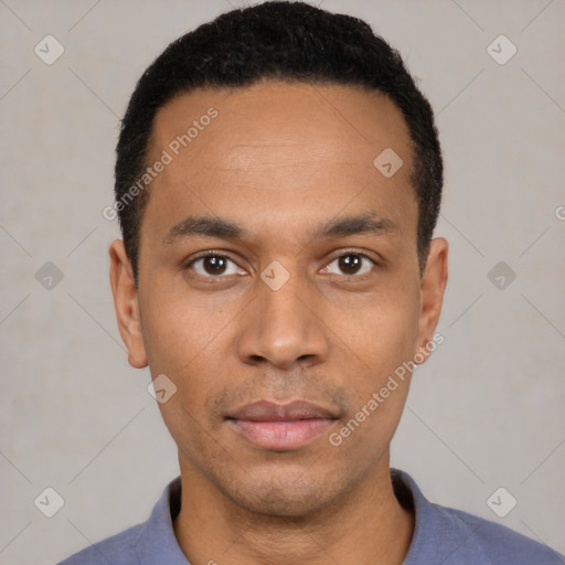 Neutral latino young-adult male with short  black hair and brown eyes