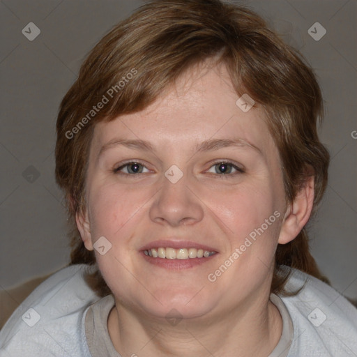 Joyful white young-adult female with medium  brown hair and blue eyes