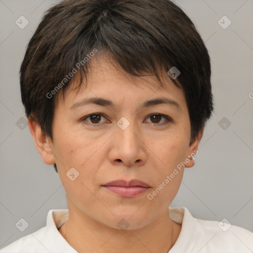 Neutral white young-adult female with short  brown hair and brown eyes