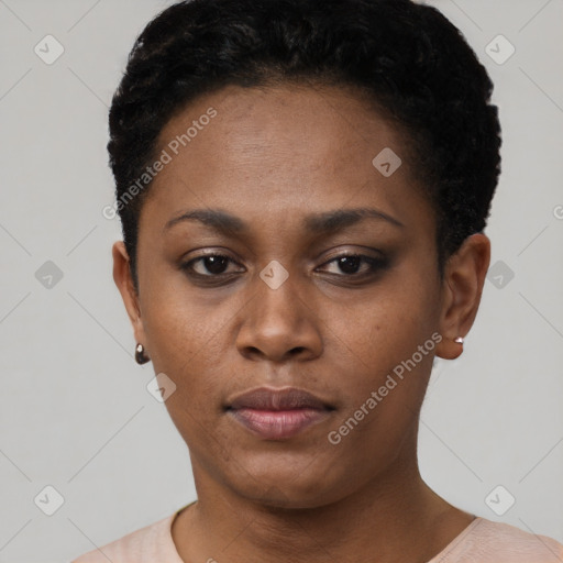 Neutral black young-adult female with short  black hair and brown eyes