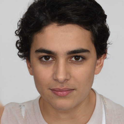 Neutral white young-adult female with short  brown hair and brown eyes