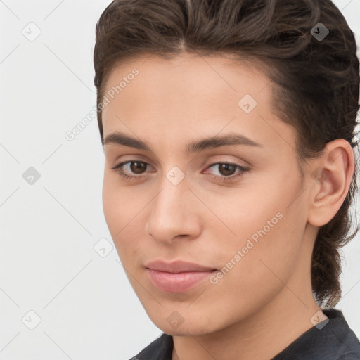 Neutral white young-adult female with medium  brown hair and brown eyes