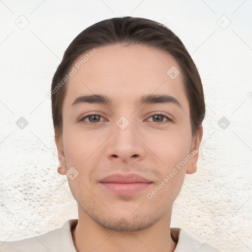 Neutral white young-adult male with short  brown hair and brown eyes