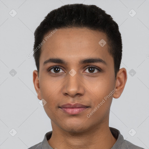 Neutral latino young-adult male with short  black hair and brown eyes