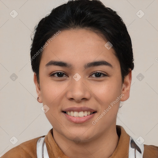 Joyful asian young-adult female with short  brown hair and brown eyes