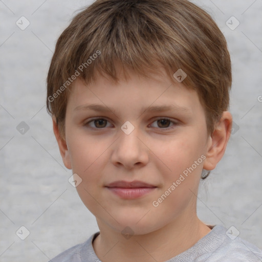 Joyful white child male with short  brown hair and brown eyes