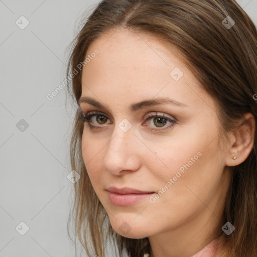 Neutral white young-adult female with long  brown hair and brown eyes