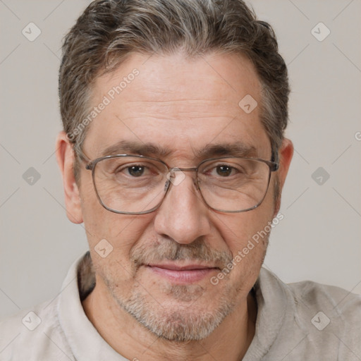 Joyful white middle-aged male with short  brown hair and brown eyes