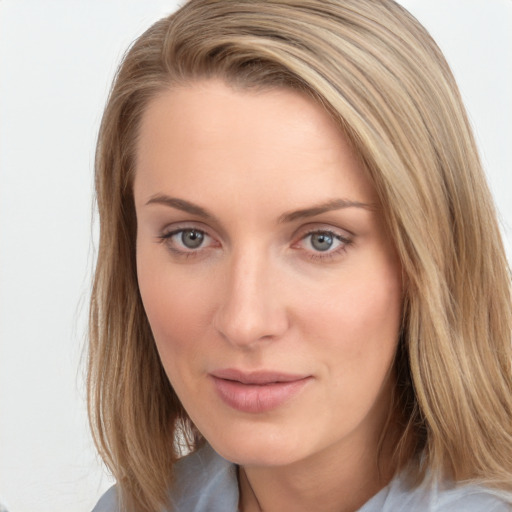 Neutral white young-adult female with long  brown hair and blue eyes