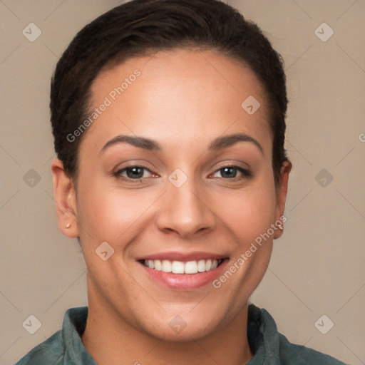 Joyful white young-adult female with short  brown hair and brown eyes