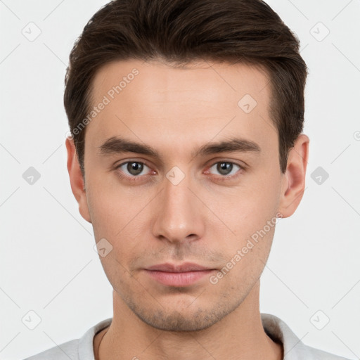 Neutral white young-adult male with short  brown hair and brown eyes