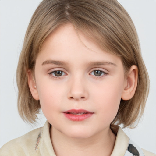 Neutral white child female with medium  brown hair and grey eyes