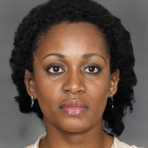Neutral black adult female with medium  brown hair and brown eyes