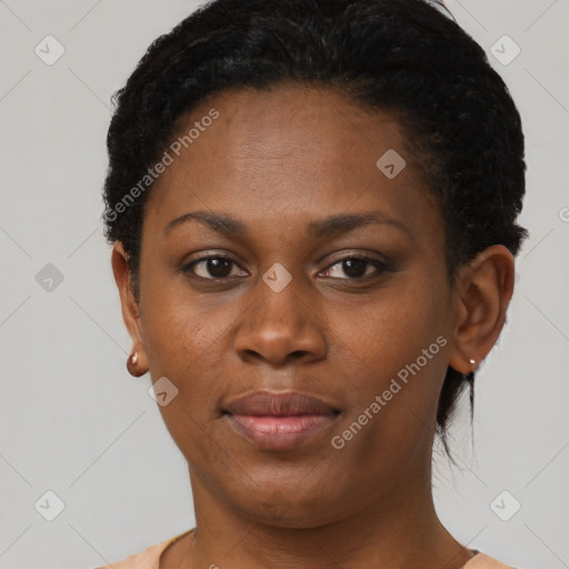 Neutral black young-adult female with short  brown hair and brown eyes