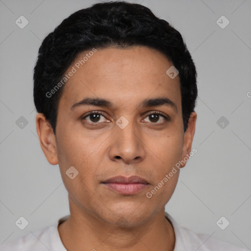 Neutral latino young-adult male with short  black hair and brown eyes