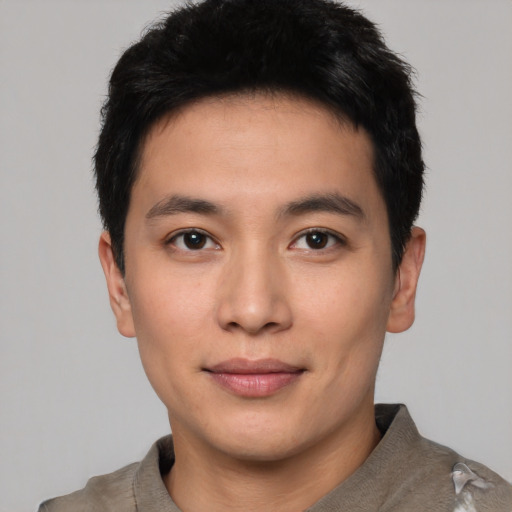 Neutral asian young-adult male with short  black hair and brown eyes