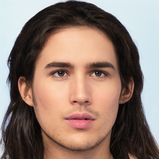 Neutral white young-adult male with long  brown hair and brown eyes