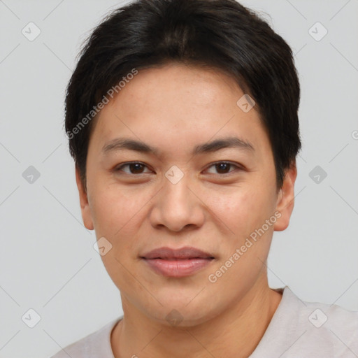 Joyful asian young-adult female with short  brown hair and brown eyes