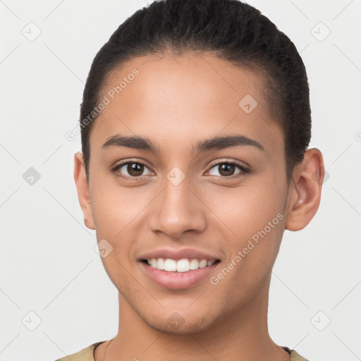 Joyful white young-adult female with short  brown hair and brown eyes