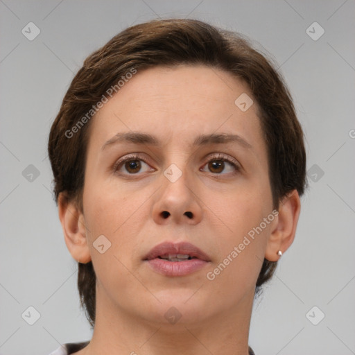 Neutral white young-adult female with short  brown hair and brown eyes